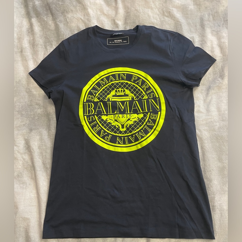 Navy Blue With Neon Green Logo Balmain T-shirt Size: Small  Used Once